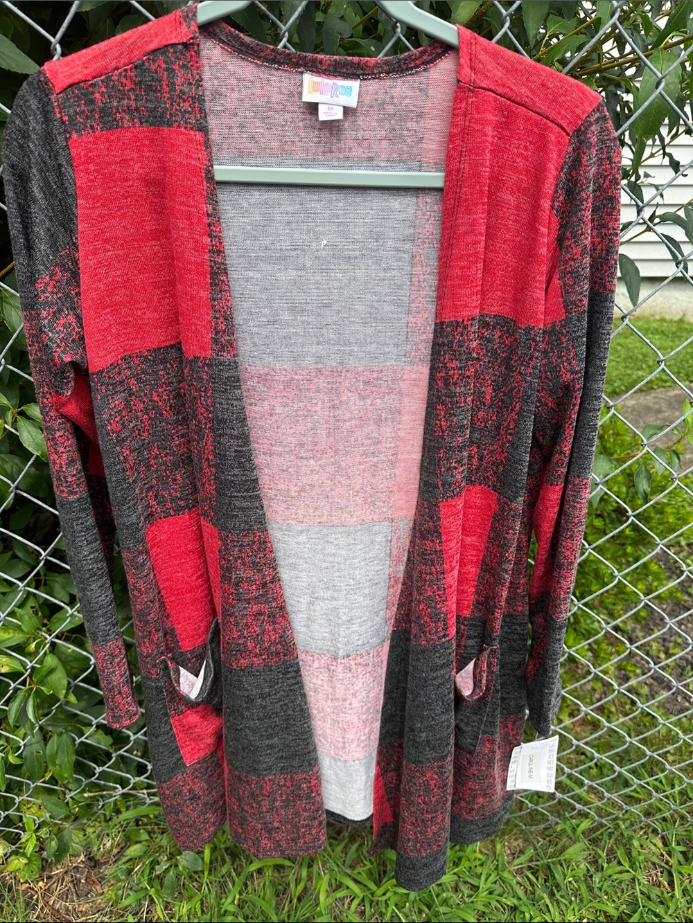 LuLaRoe Red and Gray Plaid Open-Front Caroline Cardigan
